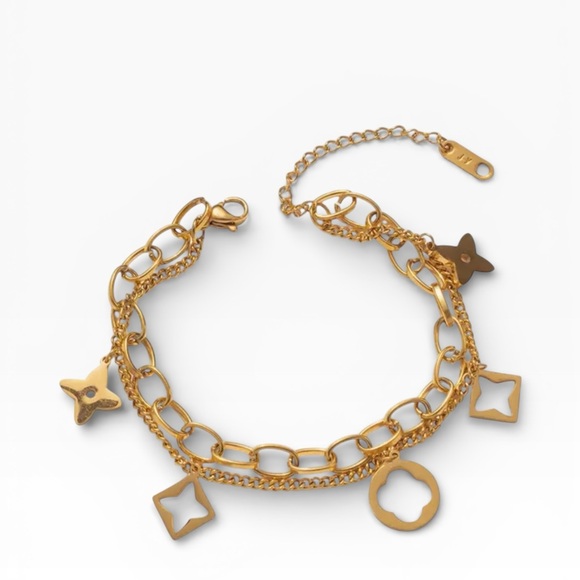 Gold Clover Charm Chain Bracelet Double-Layer Openwork - Picture 2 of 3